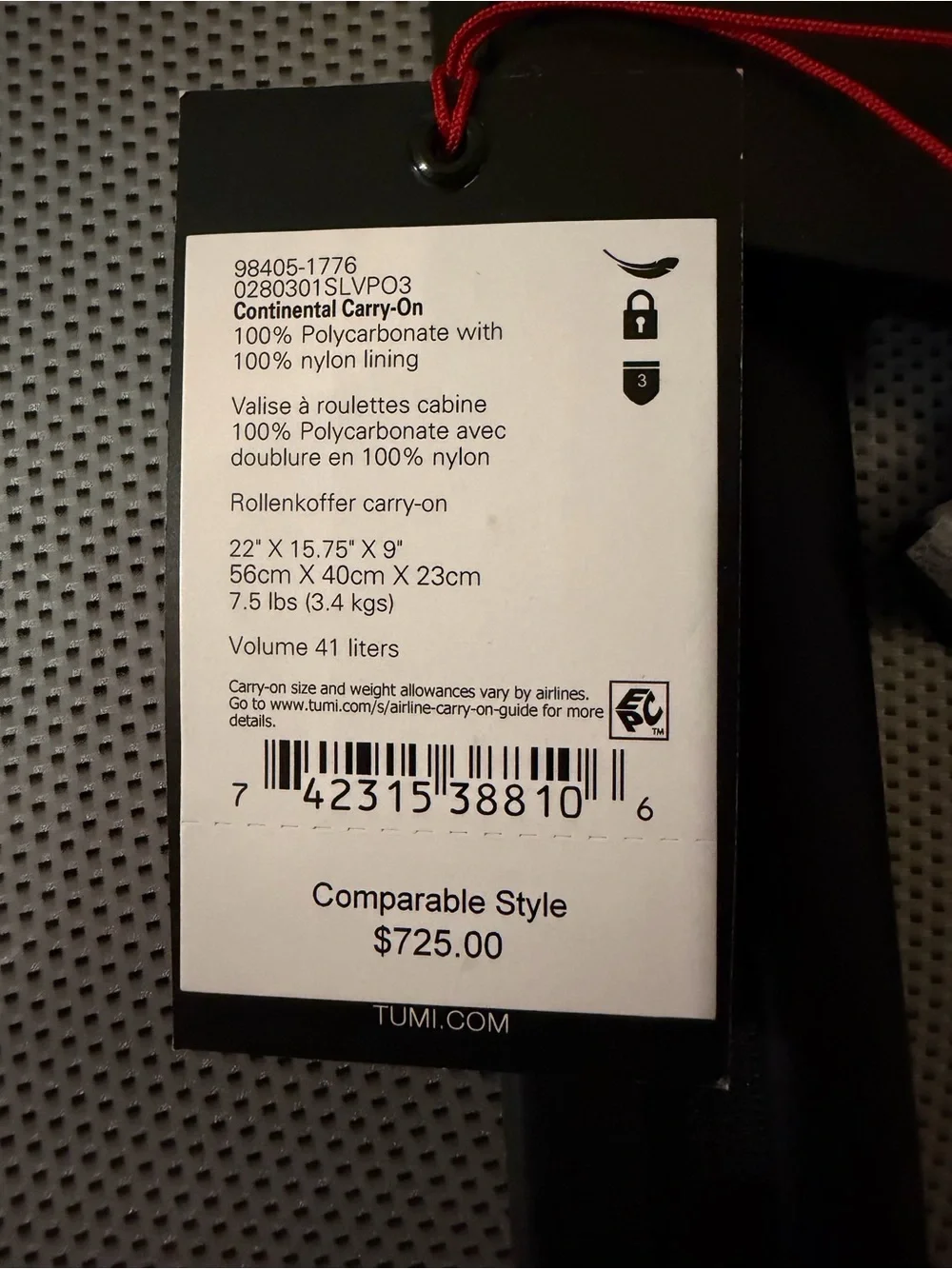 TUMI Continental Vapor Carry On 22” Silver Carbon